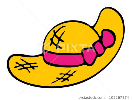 Yellow summer straw hat with pink ribbon bow Yellow summer straw hat with pink ribbon bow 103267374