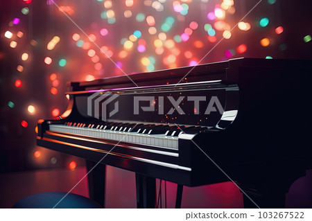 Grand piano on stage, black with colorful lights background. Generative AI 103267522