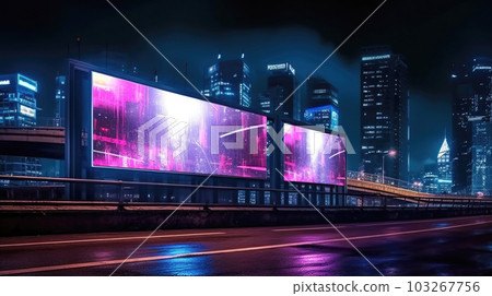 Futuristic neon city with billboard at street. Generative AI 103267756