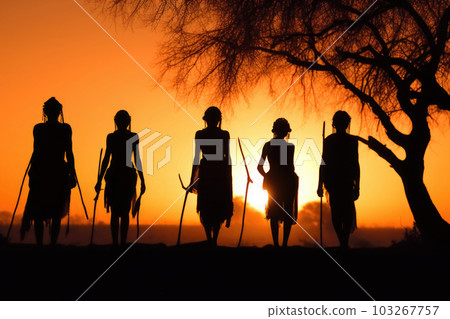 Silhouettes of african aborigines at sunset. Generative AI Silhouettes of african aborigines at sunset. Generative AI 103267757