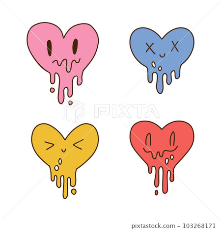 Melted hearts with smile face set. Vintage vector hand drawn illustration for t-shirt, sticker, or apparel merchandise. Heart shaped emoticons in modern pop and retro style. Melted hearts with smile face set. Vintage vector hand drawn illustration for t-shirt, sticker, or apparel merchandise. Heart shaped emoticons in modern pop and retro style. 103268171
