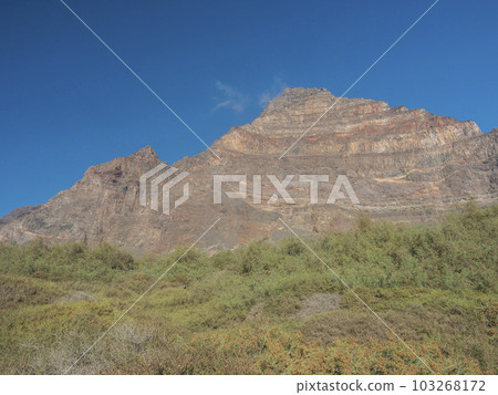 Scenic view on pink massive sharp cliffs and mountain Tequergenche in the La Mercia mountain range in Valle Gran Rey, La Gomera, Canary Islands, Spain, Europe. Blue sky background copy space. Scenic view on pink massive sharp cliffs and mountain Tequergenche in the La Mercia mountain range in Valle Gran Rey, La Gomera, Canary Islands, Spain, Europe. Blue sky background copy space. 103268172