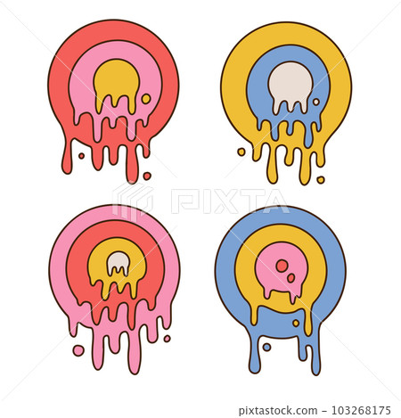 70s stickers set with a melting rainbow ellipse. Groovy graphic element in bright rainbow acid colors. Nostalgia for the 1970s. Simple contour vector illustration isolated on a white 70s stickers set with a melting rainbow ellipse. Groovy graphic element in bright rainbow acid colors. Nostalgia for the 1970s. Simple contour vector illustration isolated on a white 103268175