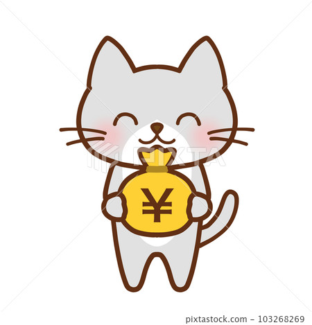 一隻蜜蜂灰貓帶著一袋錢微笑 一隻蜜蜂灰貓帶著一袋錢微笑 103268269