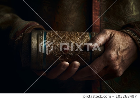 A close-up shot of a pair of hands holding a Torah scroll with a rich, textured background, evoking a sense of reverence and tradition.Generative AI A close-up shot of a pair of hands holding a Torah scroll with a rich, textured background, evoking a sense of reverence and tradition.Generative AI 103268497