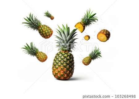 Ananas floating in mid-air. The ananas are shown in a variety of shapes and sizes on white background. Generative Ai Ananas floating in mid-air. The ananas are shown in a variety of shapes and sizes on white background. Generative Ai 103268498