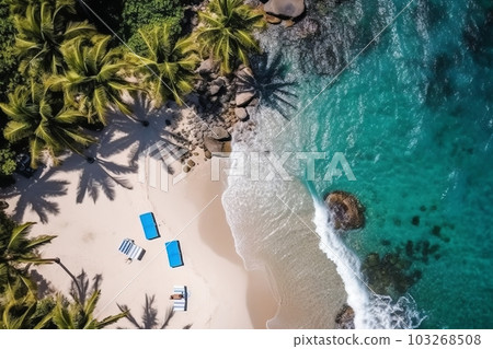 Aerial shot of a secluded tropical beach with crystal clear water, palm trees, and a couple of beach chairs. Perfect for advertising a luxurious vacation destination. Generative AI 103268508