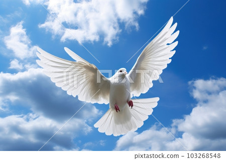 A white dove in flight against a blue sky with fluffy clouds. Generative AI 103268548
