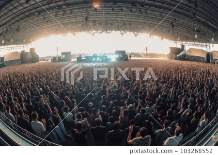 A panoramic shot of a large concert stage with the band playing to a massive audience. Generative AI A panoramic shot of a large concert stage with the band playing to a massive audience. Generative AI 103268552