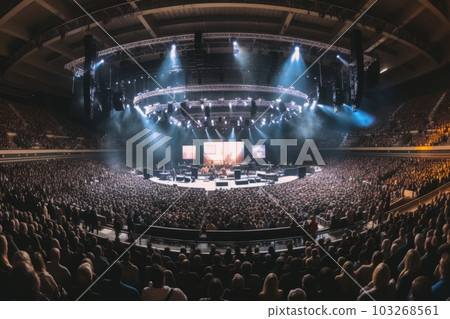 A panoramic shot of a large concert stage with the band playing to a massive audience. Generative AI 103268561