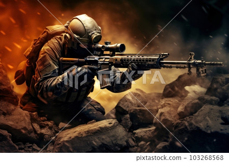 An image of a special forces sniper taking aim from a strategic position. Generative AI 103268568