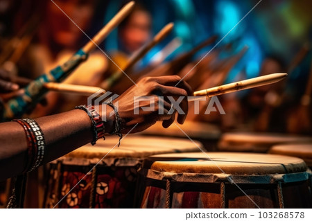 Close-up of a drummer's sticks hitting the drums during a performance. Generative AI 103268578