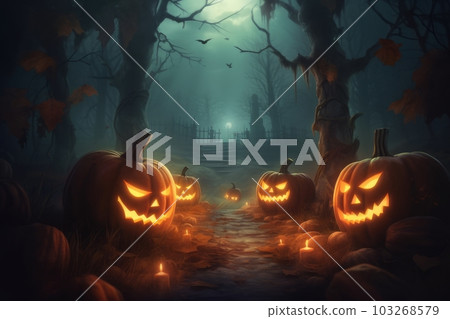 Halloween scene with Jack O lanterns glowing at moonlight In the dark spooky night. Concept Halloween commercial. Generative Ai Halloween scene with Jack O lanterns glowing at moonlight In the dark spooky night. Concept Halloween commercial. Generative Ai 103268579