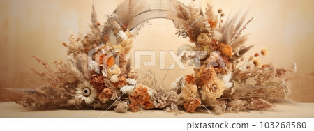 A banner featuring a collection of dried flowers arranged in a wreath or bouquet, with warm tones and soft lighting that create a cozy and inviting atmosphere. Generative Ai 103268580