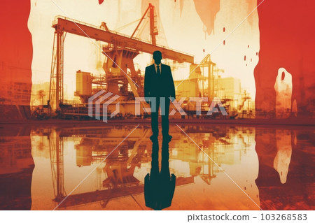 An oil well with the silhouette of a person in a business suit standing in front of it, double exposure style. Generative AI 103268583