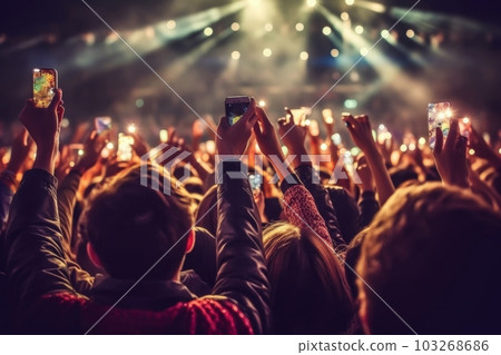 A group of people holding up their phones to capture the moment at a concert. Generative Ai 103268686