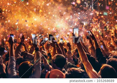 A group of people holding up their phones to capture the moment at a concert. Generative Ai 103268689