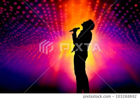 Silhouette of a singer on stage with a colorful light show in the background. Generative AI Silhouette of a singer on stage with a colorful light show in the background. Generative AI 103268692