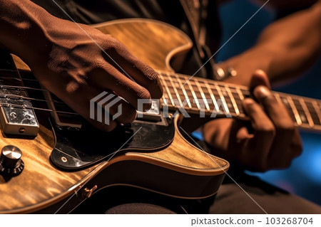 Close-up of a guitar players hands on the fretboard during a concert. Generative AI 103268704