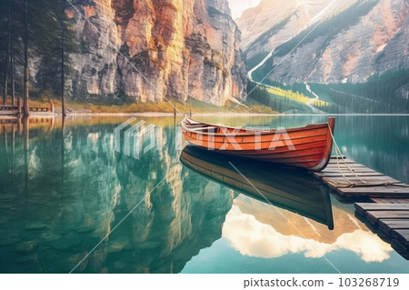 Boats on Braies lake in Dolomite mountains, Sudtirol, Italy. Nature park Fanes-Sennes-Prags, Dolomite, Italy, Europe. Generative AI 103268719