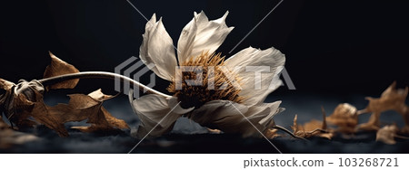 A close-up banner featuring the intricate details of a single dried flower, with deep shadows and high contrast that add drama and intensity. Generative AI A close-up banner featuring the intricate details of a single dried flower, with deep shadows and high contrast that add drama and intensity. Generative AI 103268721
