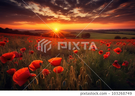 An image of a stunning sunset over a field of poppies, creating a warm and serene atmosphere. Generative AI An image of a stunning sunset over a field of poppies, creating a warm and serene atmosphere. Generative AI 103268749