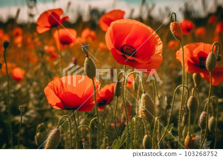 An image of a field filled with vibrant red poppies in full bloom. Generative Ai An image of a field filled with vibrant red poppies in full bloom. Generative Ai 103268752