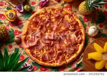A high-angle shot of a loaded Hawaiian pizza with pineapple, ham, and bacon, sitting on a vintage red checkered tablecloth. Generative AI 103268762