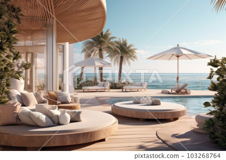 A captivating image of a chic poolside lounge area, offering a perfect blend of lavish design and awe-inspiring ocean views for an unforgettable summer experience. Generative AI A captivating image of a chic poolside lounge area, offering a perfect blend of lavish design and awe-inspiring ocean views for an unforgettable summer experience. Generative AI 103268764