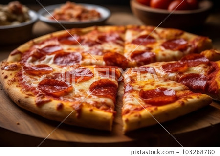 A mouthwatering close-up shot of a cheesy salami pizza on a wooden board with slices cut out, with the background blurred out. Generative AI A mouthwatering close-up shot of a cheesy salami pizza on a wooden board with slices cut out, with the background blurred out. Generative AI 103268780