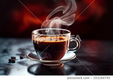 A close-up shot of a freshly brewed espresso, with steam rising from the cup, set against a dark background to showcase the rich color of the coffee. Generative AI 103268795