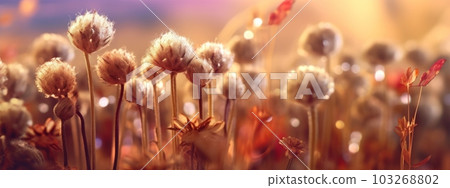A banner featuring a close-up of a group of dried flowers, with a blurred, dreamlike background that creates a sense of otherworldliness. Generative AI 103268802