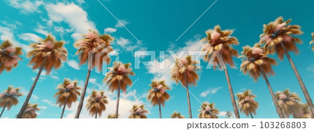 Palm trees against blue sky banner. Generative AI 103268803