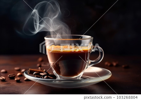 A close-up shot of a freshly brewed espresso, with steam rising from the cup, set against a dark background to showcase the rich color of the coffee. Generative AI 103268804