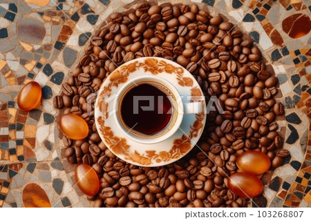 A top-down shot of an espresso cup on a saucer, surrounded by coffee beans arranged in a pattern. Generative AI 103268807