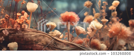 A banner featuring a close-up of a group of dried flowers, with a blurred, dreamlike background that creates a sense of otherworldliness. Generative AI 103268808