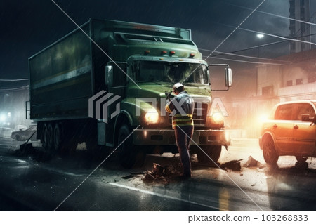 A tow truck operator removing a damaged vehicle from an accident scene, showcasing the importance of tow trucks in emergency situations. Generative AI. 103268833