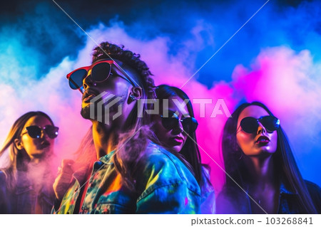 Group of young people wearing neon clothes and sunglasses dancing at a rave party in front of a DJ booth with colorful lights and smoke effects in the background. Group of young people wearing neon clothes and sunglasses dancing at a rave party in front of a DJ booth with colorful lights and smoke effects in the background. 103268841