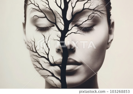 Surreal image of a face with half of it painted white and the other half painted black, with roots growing out of the bottom of the image and intertwining, Concept have the same roots. Generative AI Surreal image of a face with half of it painted white and the other half painted black, with roots growing out of the bottom of the image and intertwining, Concept have the same roots. Generative AI 103268853
