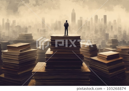 A writer standing on a giant stack of books, with a city skyline visible in the background, creating a surreal and metaphorical image of a writer's knowledge and creativity. Generative AI 103268874