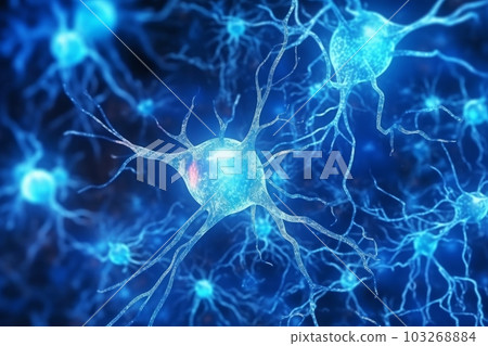 Glowing brain nerve cell. Specialized cell transmitting nerve impulses. System neuron of brain with synapses. Brain medicine biology. Generative AI 103268884