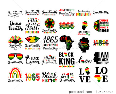 Juneteenth quotes bundle. African American holiday Black history 30 designs set. Vector template for typography poster, postcard, banner, sticker, etc 103268898