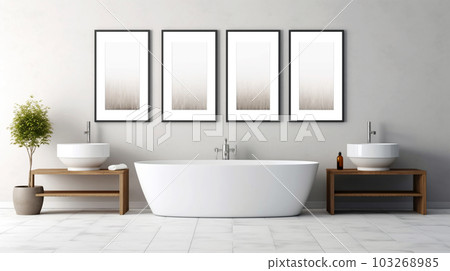 Bathroom design with a bathtub in the center in a minimalist style, Generated AI 103268985