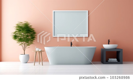 Bathroom design with a bathtub in the center in a minimalist style, Generated AI 103268986