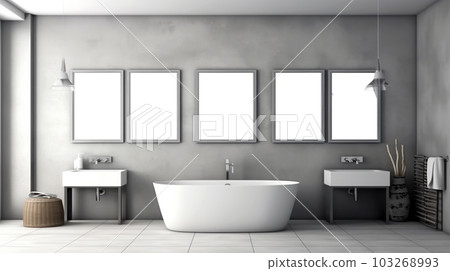 Bathroom design with a bathtub in the center in a minimalist style, Generated AI 103268993