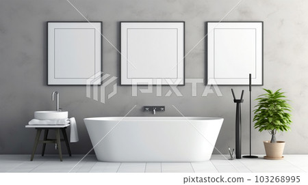 Bathroom design with a bathtub in the center in a minimalist style, Generated AI Bathroom design with a bathtub in the center in a minimalist style, Generated AI 103268995