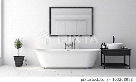 Bathroom design with a bathtub in the center in a minimalist style, Generated AI Bathroom design with a bathtub in the center in a minimalist style, Generated AI 103268998