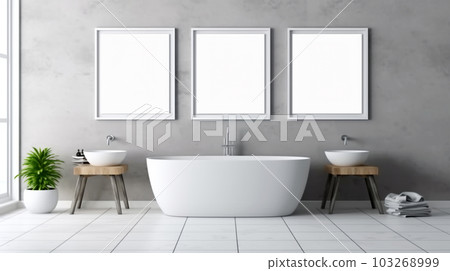 Bathroom design with a bathtub in the center in a minimalist style, Generated AI 103268999