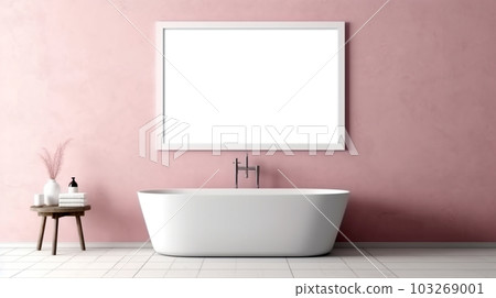 Bathroom design with a bathtub in the center in a minimalist style, Generated AI Bathroom design with a bathtub in the center in a minimalist style, Generated AI 103269001