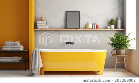 Bathroom design with a bathtub in the center in a minimalist style, Generated AI 103269002